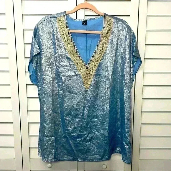SHEIN Batwing Sleeve Lace V-Neck Shimmery Top Size 2XL Blue NWT - Picture 4 of 10
